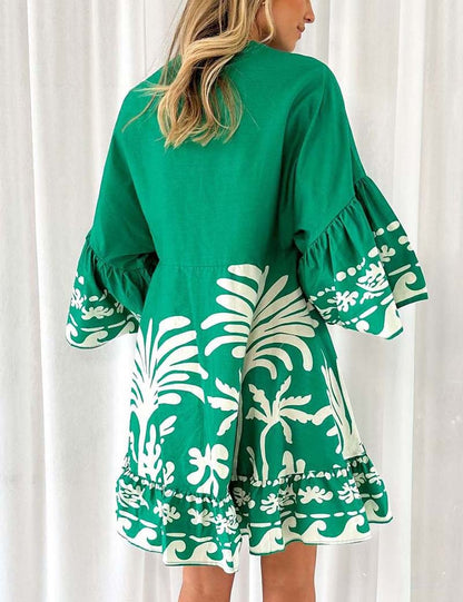 V-Neck Floral Print Flare Sleeves Mini Dress