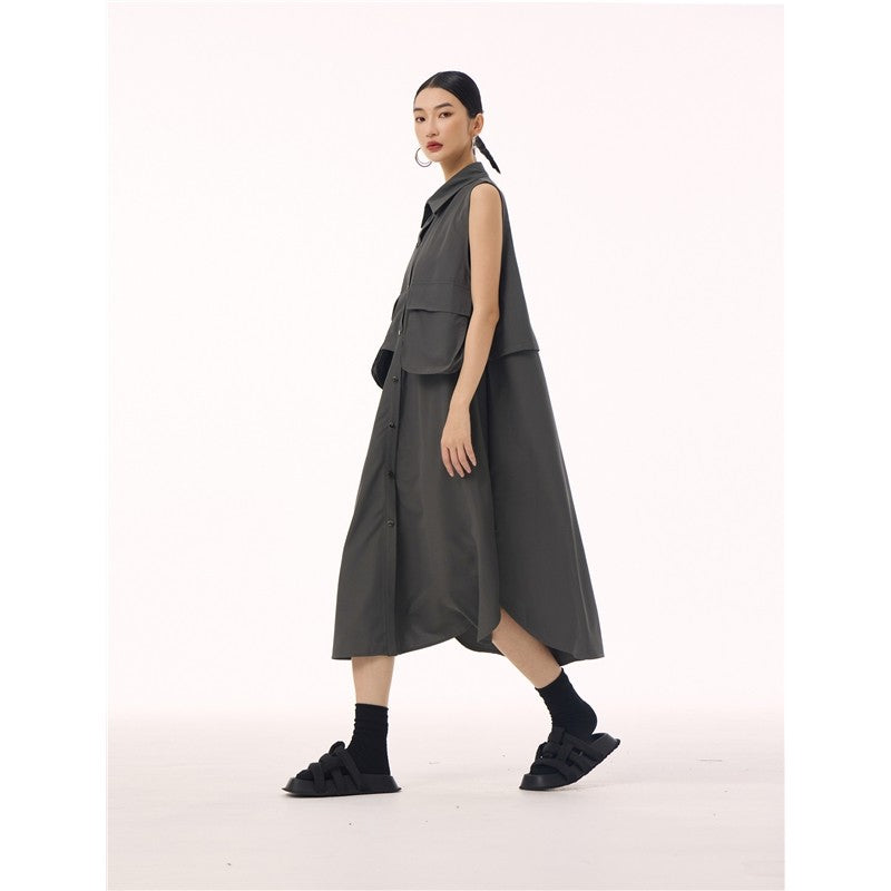 Polo Collar Vest Dress With Large Pocket