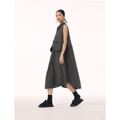 Polo Collar Vest Dress With Large Pocket
