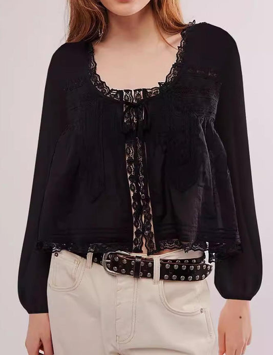 Elegant U-Neck Lace Trim Long Sleeve Shirt