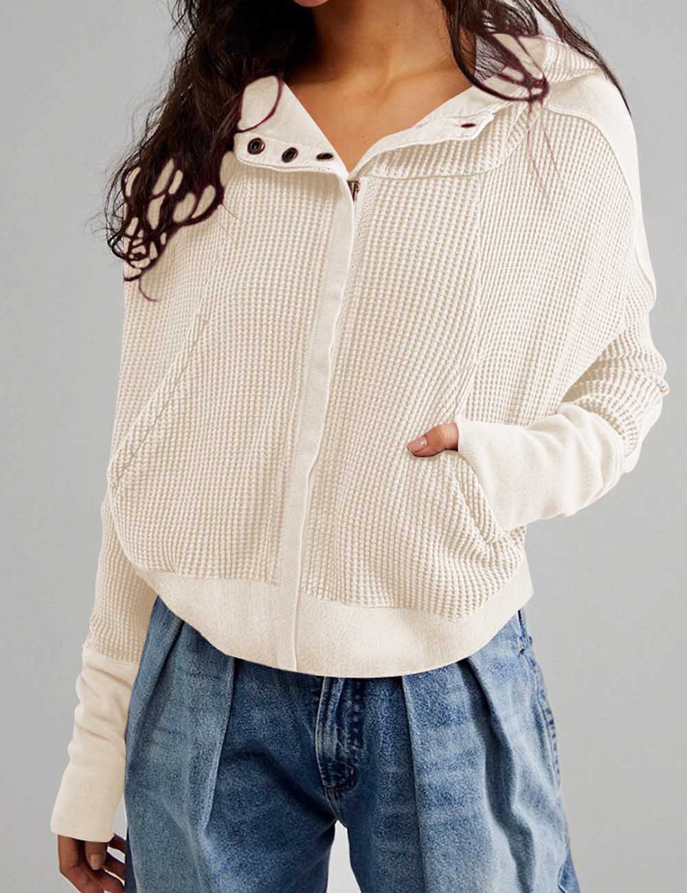 Casual Solid Color Zip Up Cropped Hoodie