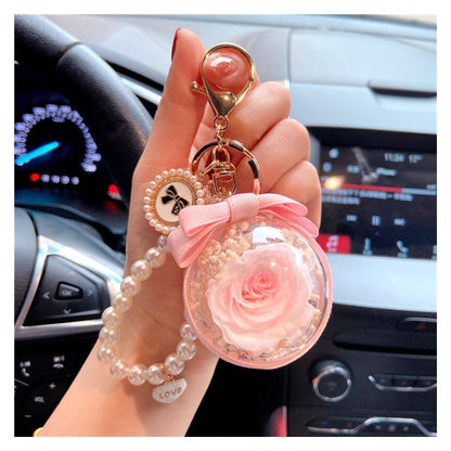 Bow Pearl Chain Keychain With Preserved Flower