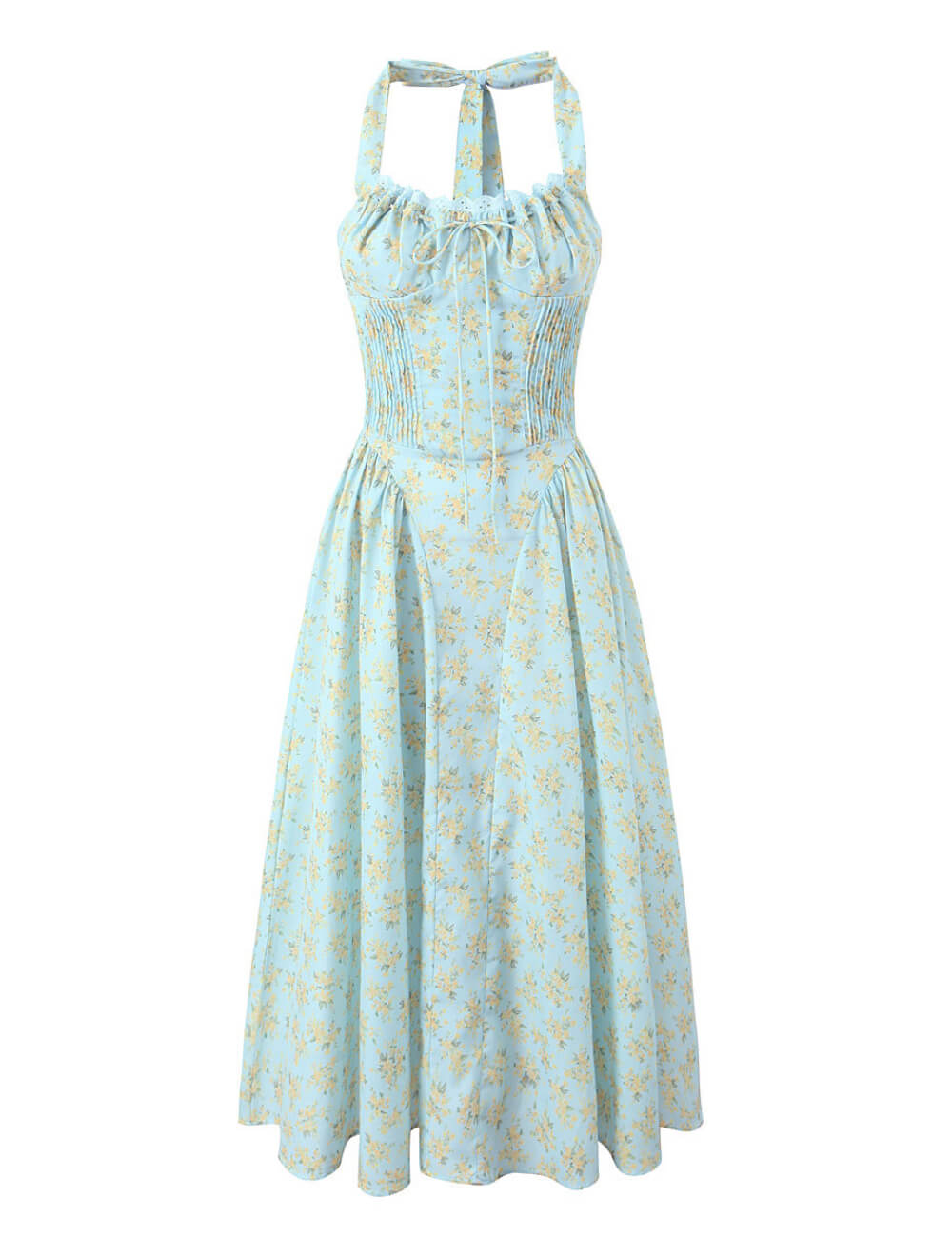 Vintage Floral Halter V-Neck Maxi Dress