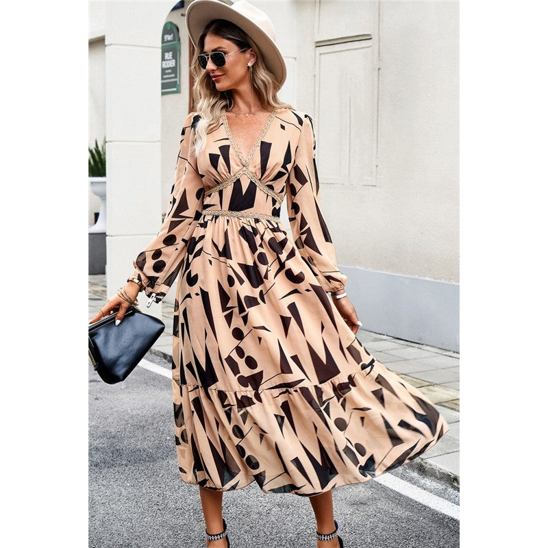 Casual Irregular Color Block Printed V-Neck Long-Sleeved Dress