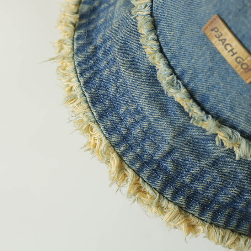 Denim Washed Distressed Frayed Bucket Hat