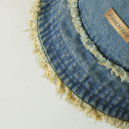Denim Washed Distressed Frayed Bucket Hat
