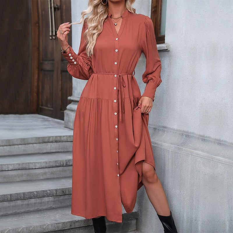 Solid Color V-Neck Elastic Band Cardigan Button-Down Long-Sleeved Dress
