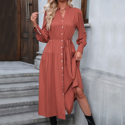 Solid Color V-Neck Elastic Band Cardigan Button-Down Long-Sleeved Dress