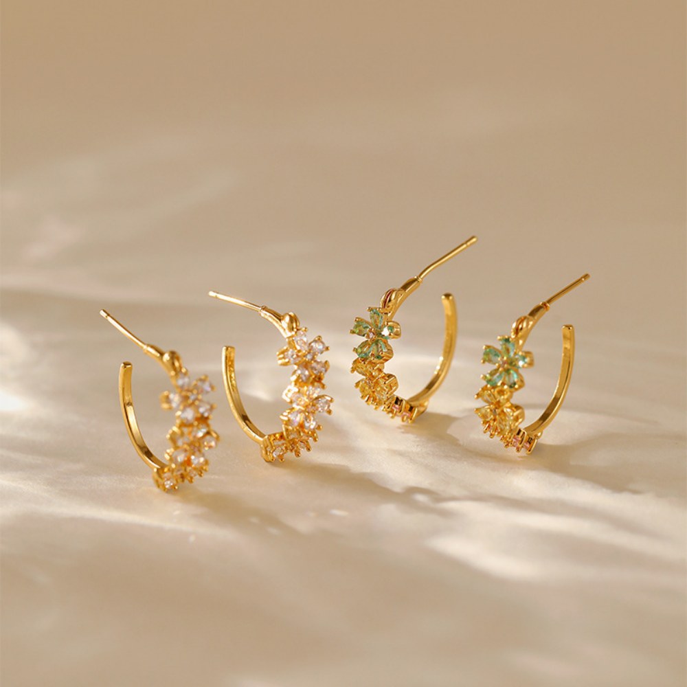 Flower Zircon Delicate C-Shaped Stud Earrings