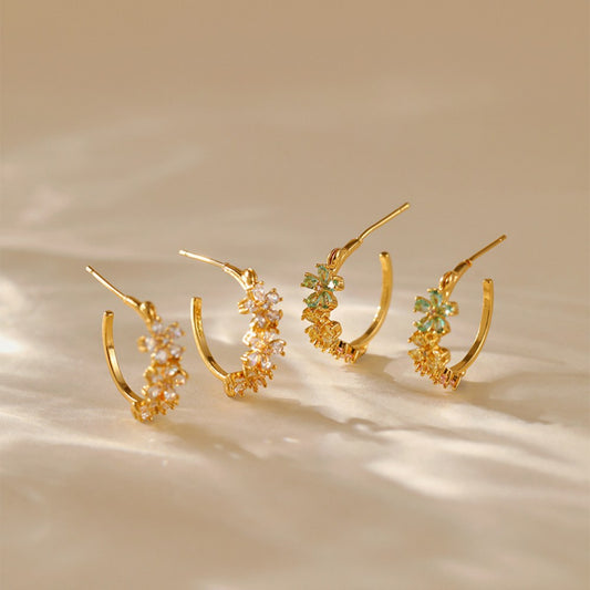 Flower Zircon Delicate C-Shaped Stud Earrings