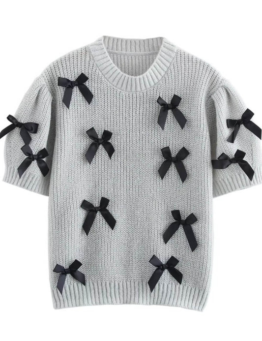 Elegant Crew Neck Bow Decor Sweater Top