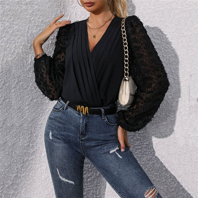 Black V-Neck Elegant Woven Jacquard Lace Sleeves Jumpsuit