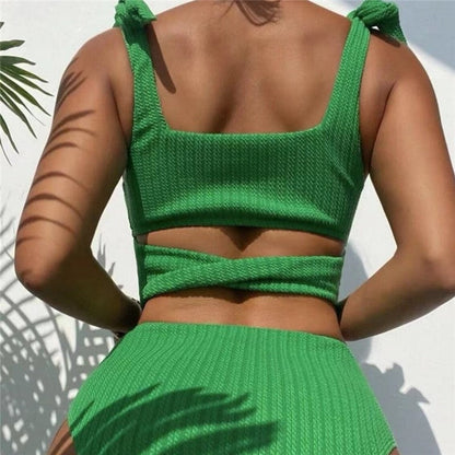 Two Piece High Waist Conservative Solid Color Swimsuit