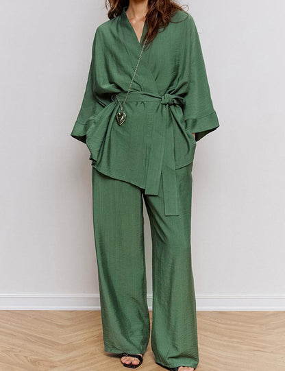 Casual Kimono Robe Pajamas Set With Belt