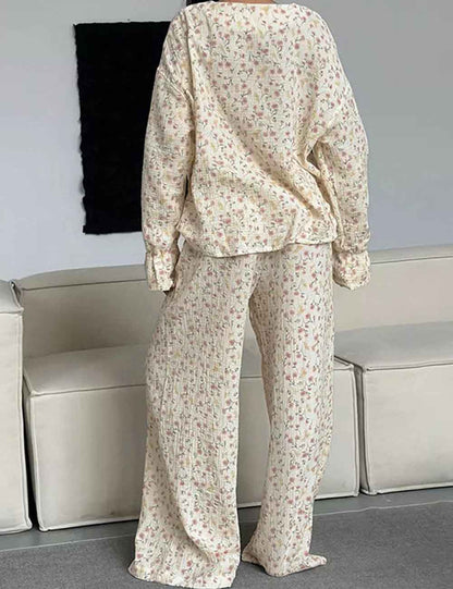 Floral Print V-Neck Button Up Pajamas Set