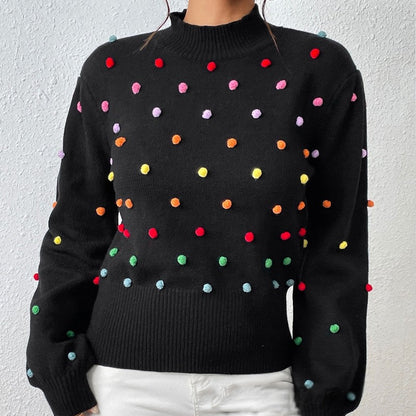 Long Sleeve Crewneck Colorful Balls Embellished Casual Knitted Sweater