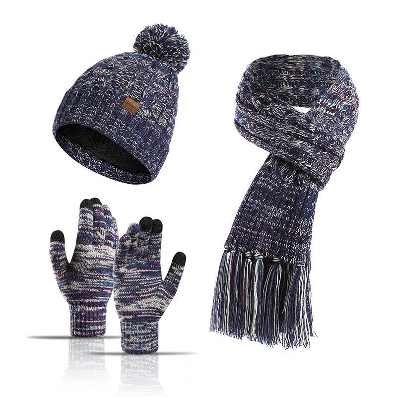 Three-Piece Set Of Color Hat Thick Scarf Touch Screen Gloves