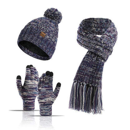 Three-Piece Set Of Color Hat Thick Scarf Touch Screen Gloves