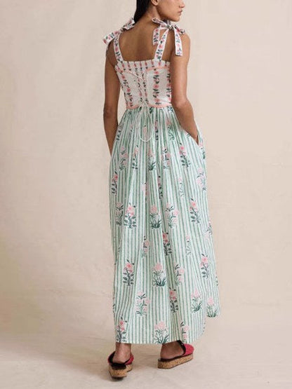 Floral Bow String Splicing Maxi Dress