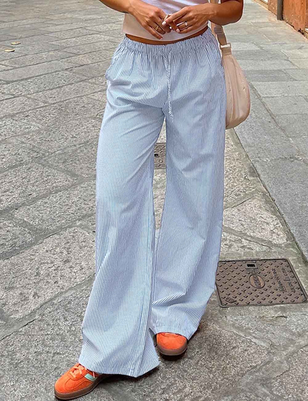 Fashion Color Block Stripe Drawstring Long Pants