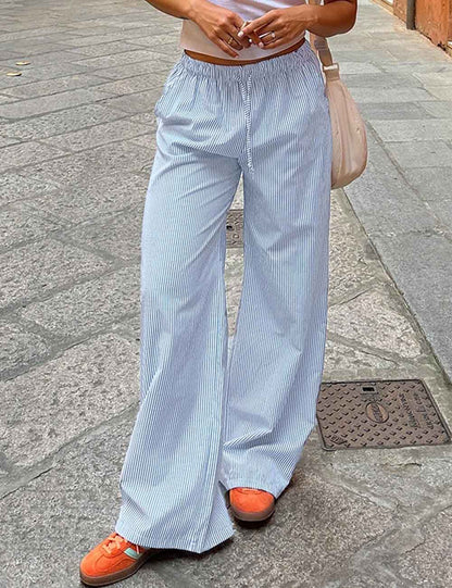 Fashion Color Block Stripe Drawstring Long Pants