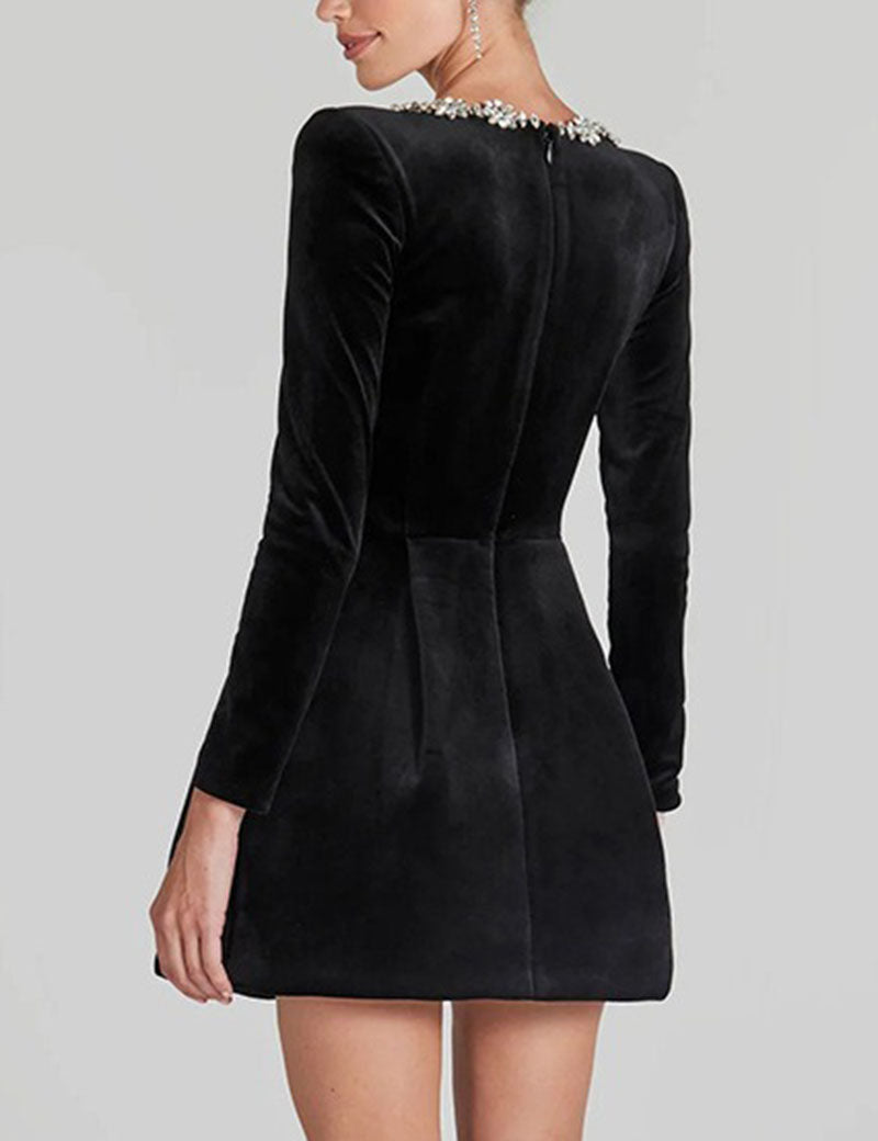 Elegant Velvet Rhinestone Trim Mini Dress