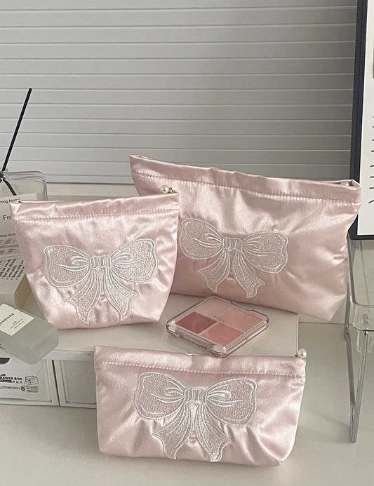 Cute Embroidered Bow Satin Makeup Bag