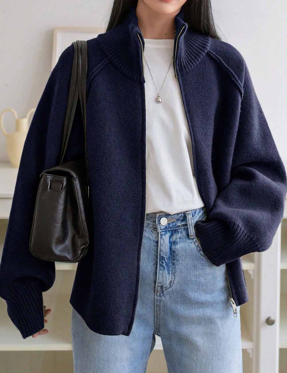 Solid Color High Neck Zip-Up Knit Cardigan