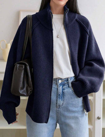 Solid Color High Neck Zip-Up Knit Cardigan