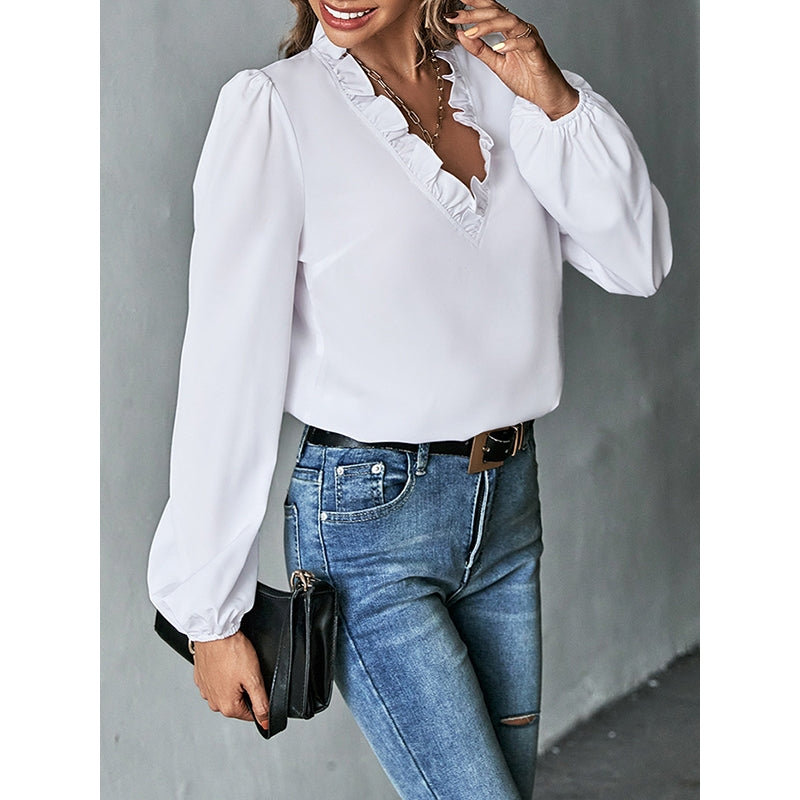 Long Sleeves Loose Ruffled Solid Color V-Neck Blouses&Shirts Tops