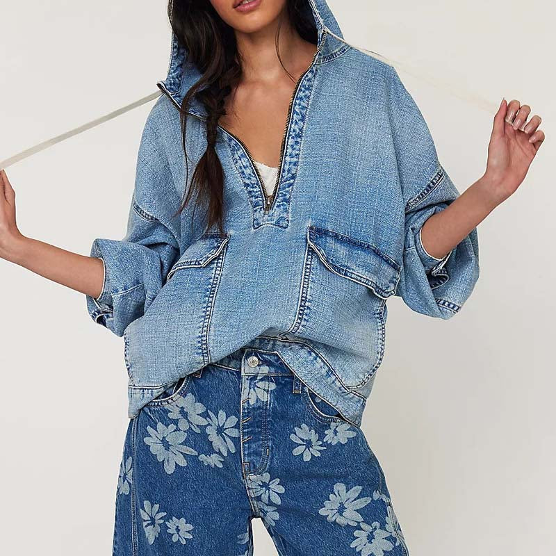 Casual Washed Denim Long Sleeve Hoodie