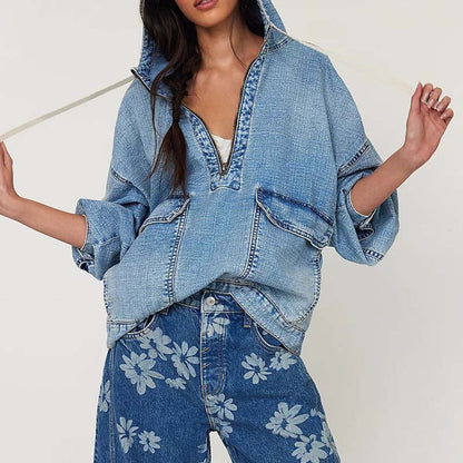 Casual Washed Denim Long Sleeve Hoodie