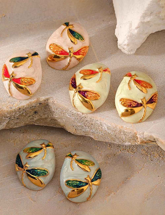 Asymmetrical Oval Enamel Dragonfly Stud Earring