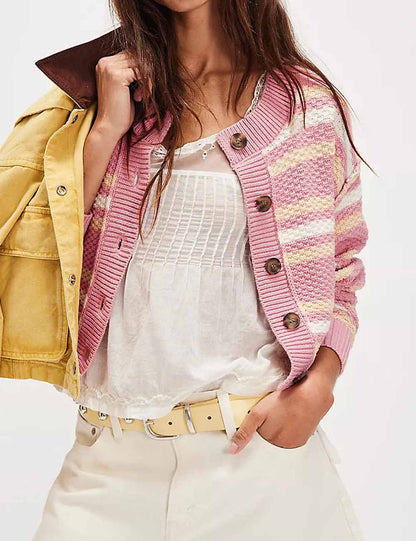 Casual Striped Color Block Crew Neck Knit Top