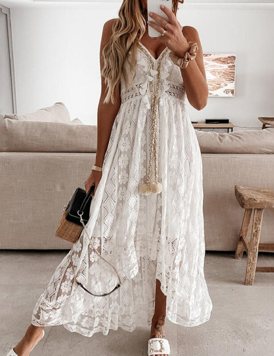 V-Neck Lace Irregular Long Dress