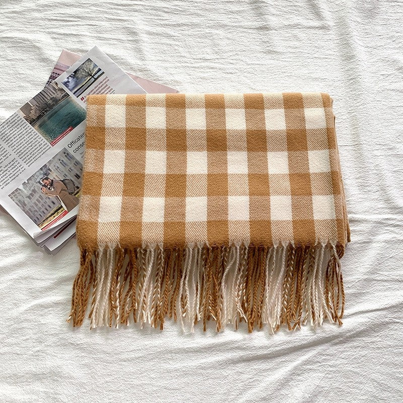 Thick Plaid Print Tassel Shawl Scarf