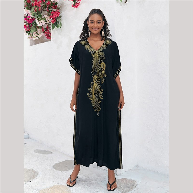 Half-Sleeve V-Neck Embroidered Beach Cover-Up