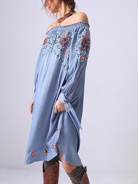 Flower Embroidered Off Shoulder Midi Dress