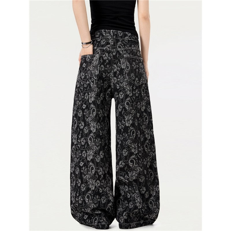 Vintage Pattern Print Loose Wide Leg Jeans