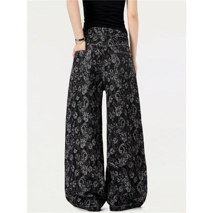 Vintage Pattern Print Loose Wide Leg Jeans