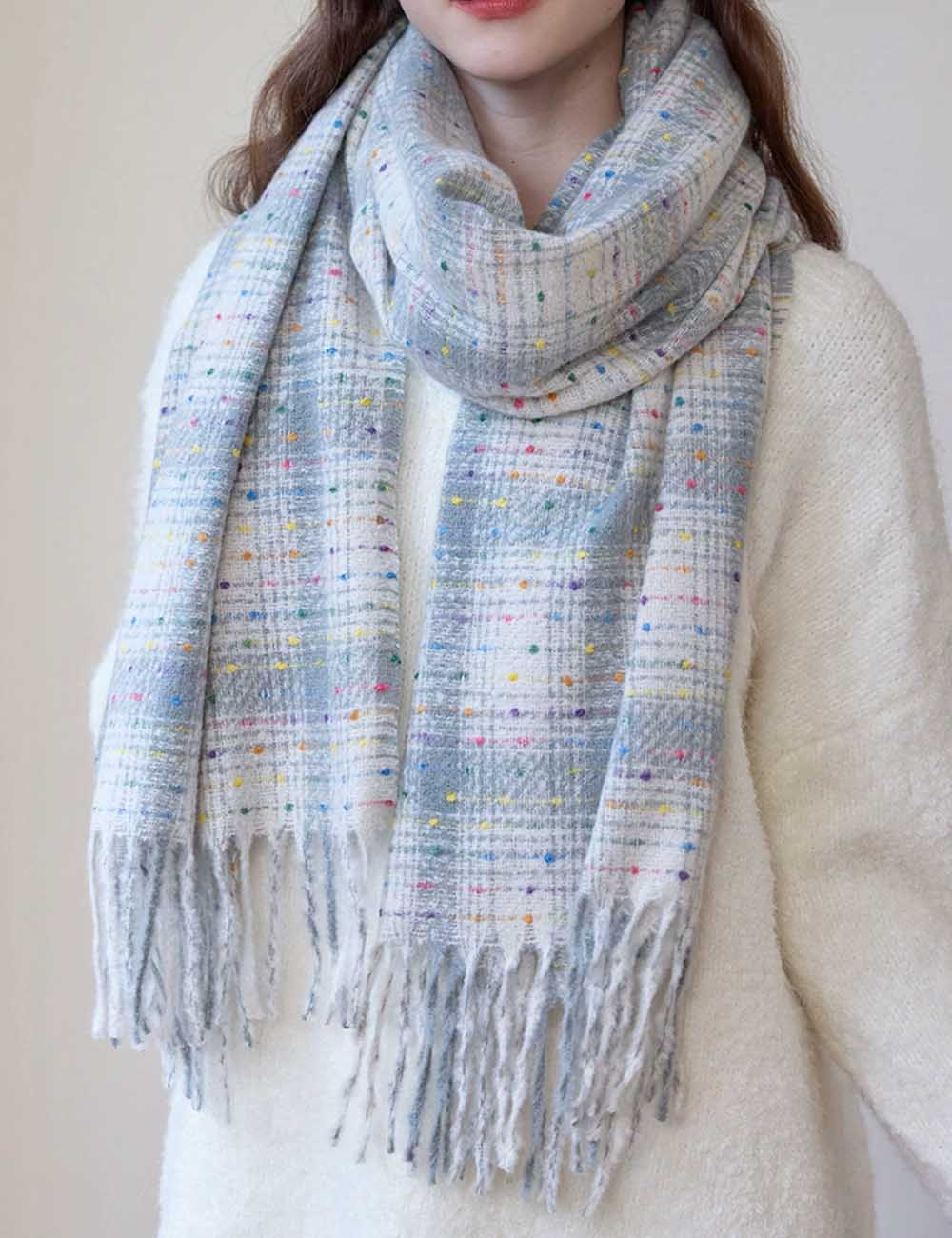 Sparkling Multi-Color Dots Plaid Fringe Scarf