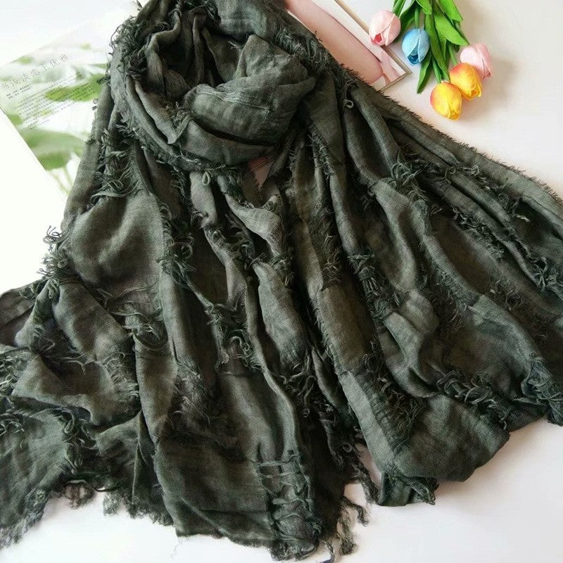 Solid Tassels Hole Cotton Blend Scarf