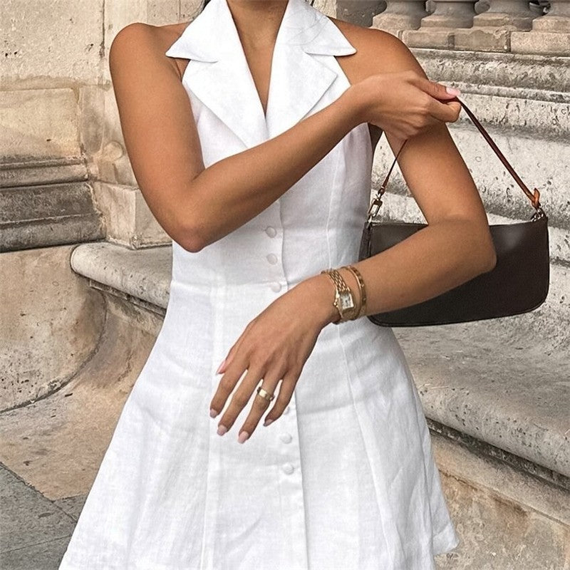 White V Neck Backless A Line Mini Dress