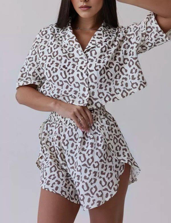 Print Button Down Top Shorts Loungewear Set