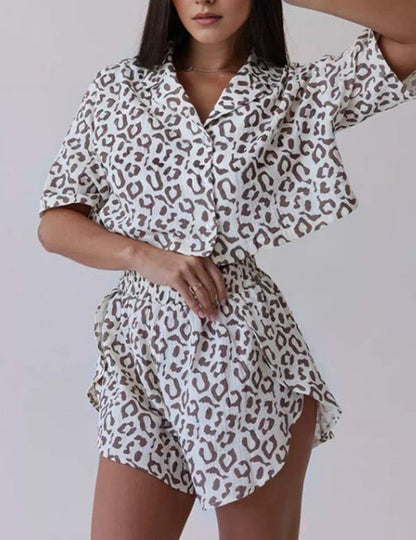 Print Button Down Top Shorts Loungewear Set