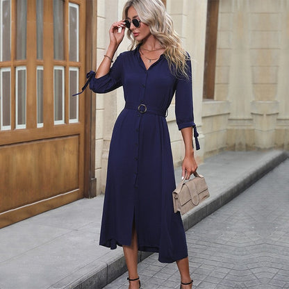 Solid Color Lapel Mid Waist Long Sleeve Midi Dress