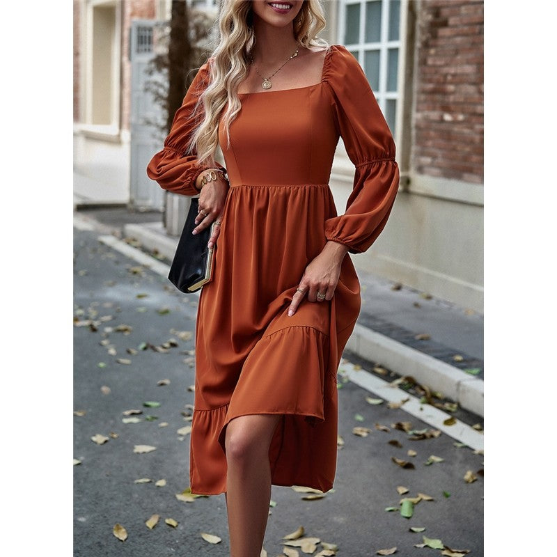 Solid Color Square Neck Ruffle Skirt Waisted Long-Sleeved Dress