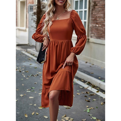 Solid Color Square Neck Ruffle Skirt Waisted Long-Sleeved Dress