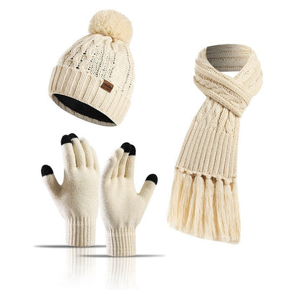 Three-Piece Set Of Color Hat Thick Scarf Touch Screen Gloves