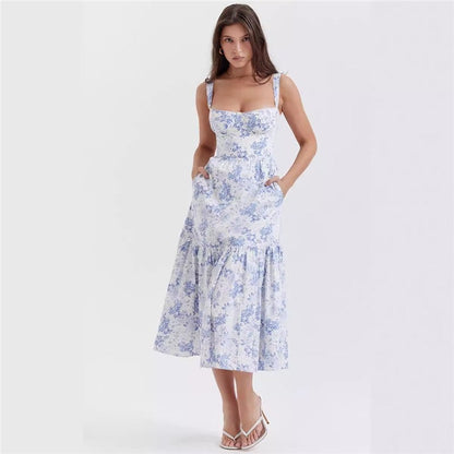 High Waisted A-Line Floral Printed Condole Belt Cake Dress